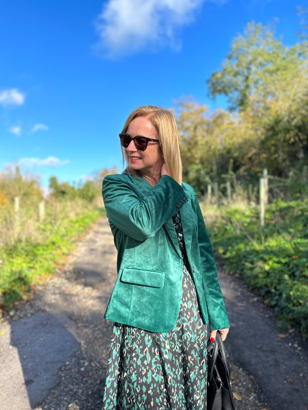 Styling a green animal print dress with a green velour blazer from Afibel