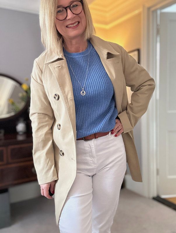styling the new spring collection from Afibel | white jeans | blue jumper and short trench coat