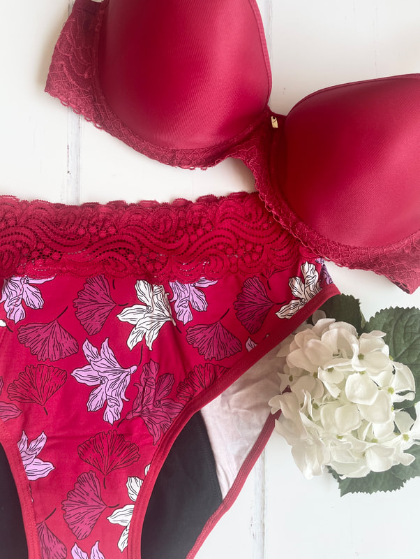 flatlay of red bra with red floral pants from modibodi