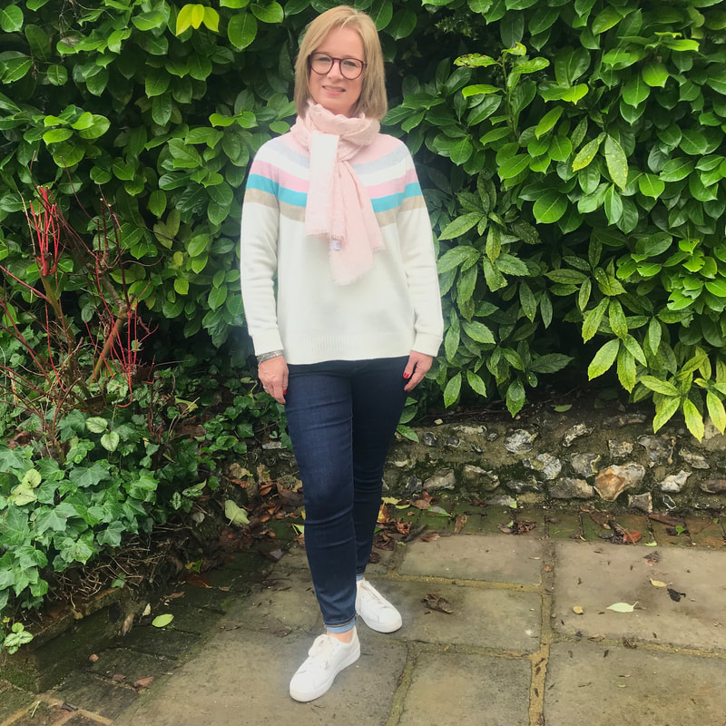 cream jumper from Boden worn casual with trainers