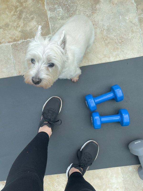 Home workouts with a black mat, blue dumbbells and my westie dog