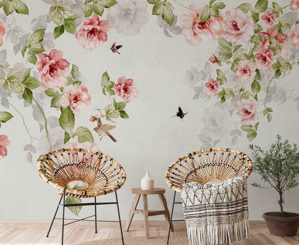 floral wallpaper with two occasional chairs