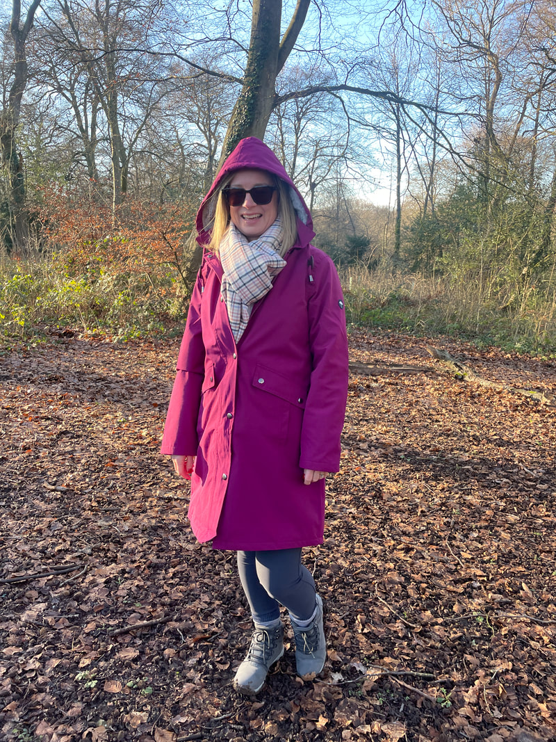 favourite walks in and around marlow | wearing cotton traders all weather coat in cherry pink and standing in the woods