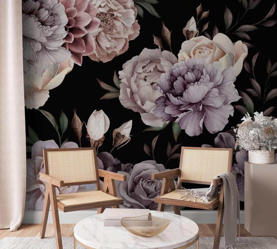 Floral wallpaper design with two occasional chairs