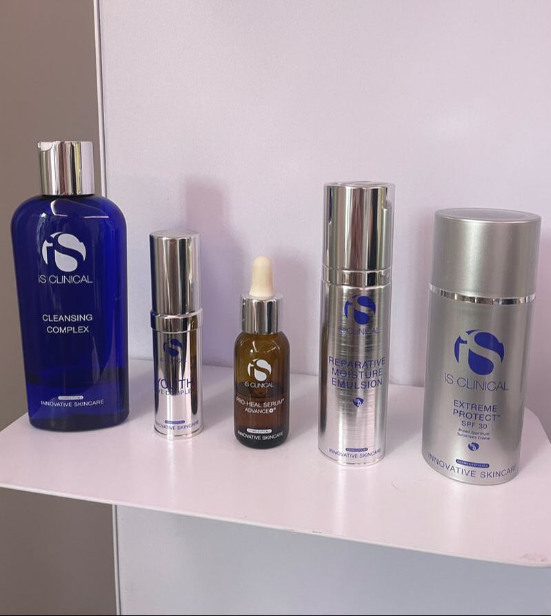 A range of skincare products from iS Clinical, blue and silver bottles from S-Thetics in Beaconsfield