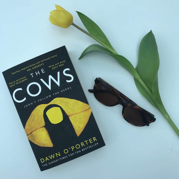 flat lay of the book the cows by dawn o'porter with yellow flower and sunglasses