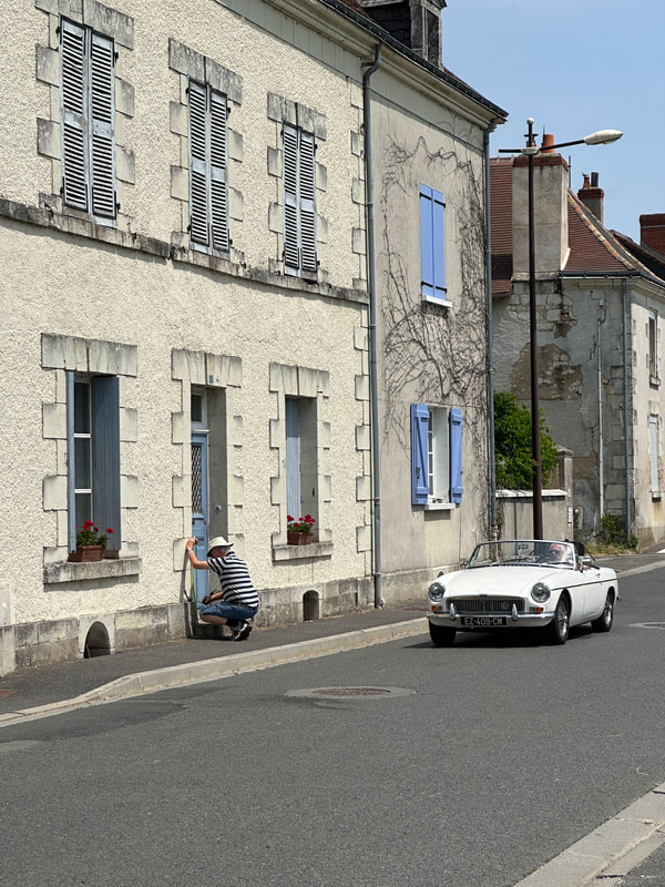 french countryside, main painting front door, white mg car