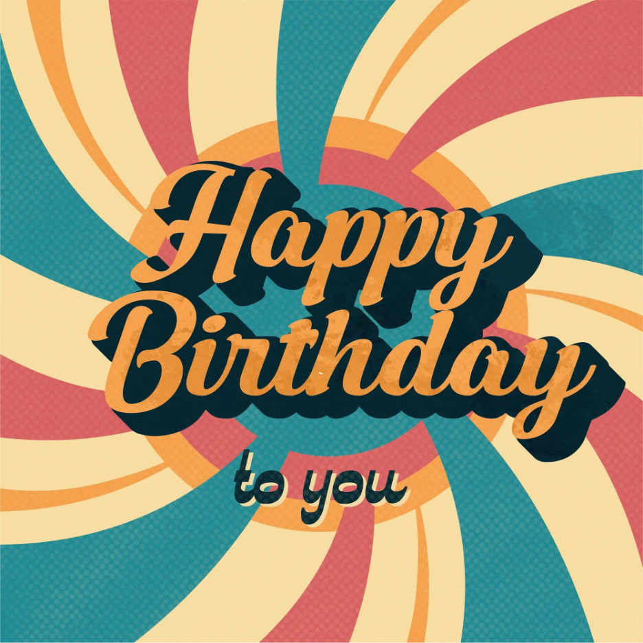 Happy birthday to you card with red yellow and blue swirly pattern