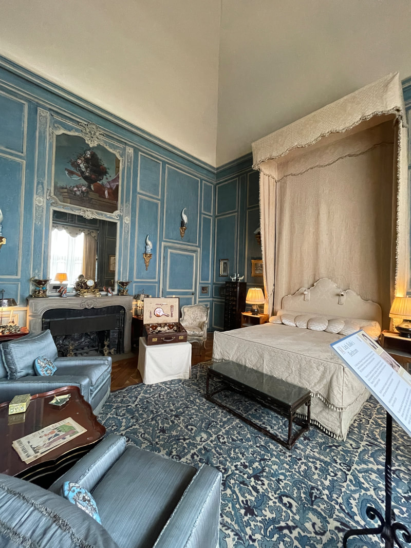 Lady Baillie's blue and cream Bedroom at Leeds Castle in Kent