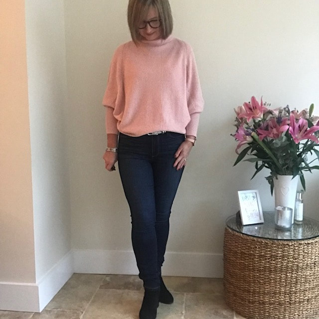 jeans and pink batwing jumper from mint velvet outfit idea