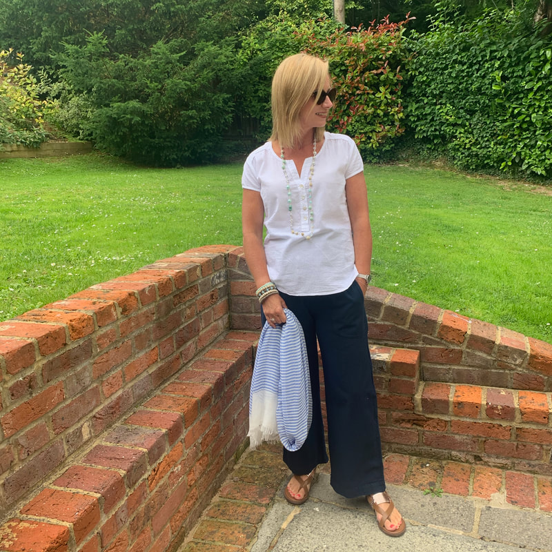 navy cotton trousers with white shirt, capsule wardrobe for holidays