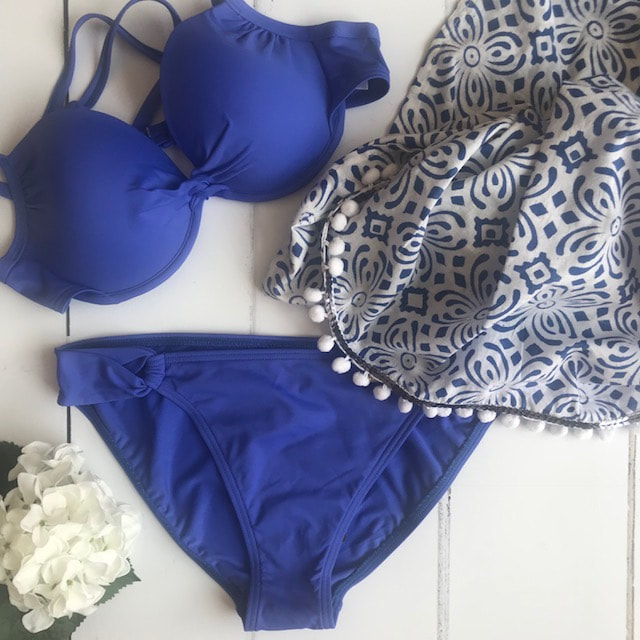 blue bikini with pom pom scarf or sarong