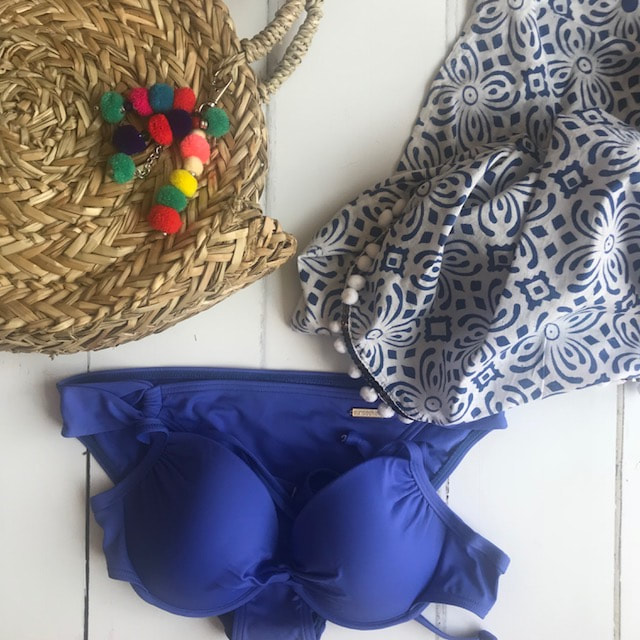 blue bikini with straw bag and sarong