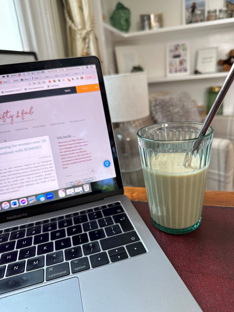 Desk view, my mac and a BOMIMO MenoShake, ideal with strength training over 50
