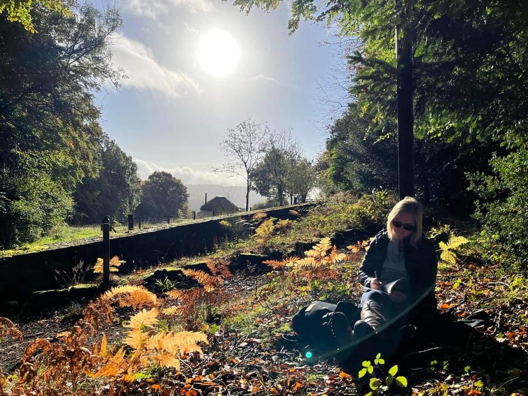 woman sitting on ground of ancient woodland in the wye valley at a writers retreat surrounded by autumn trees and leaves with the sun shining