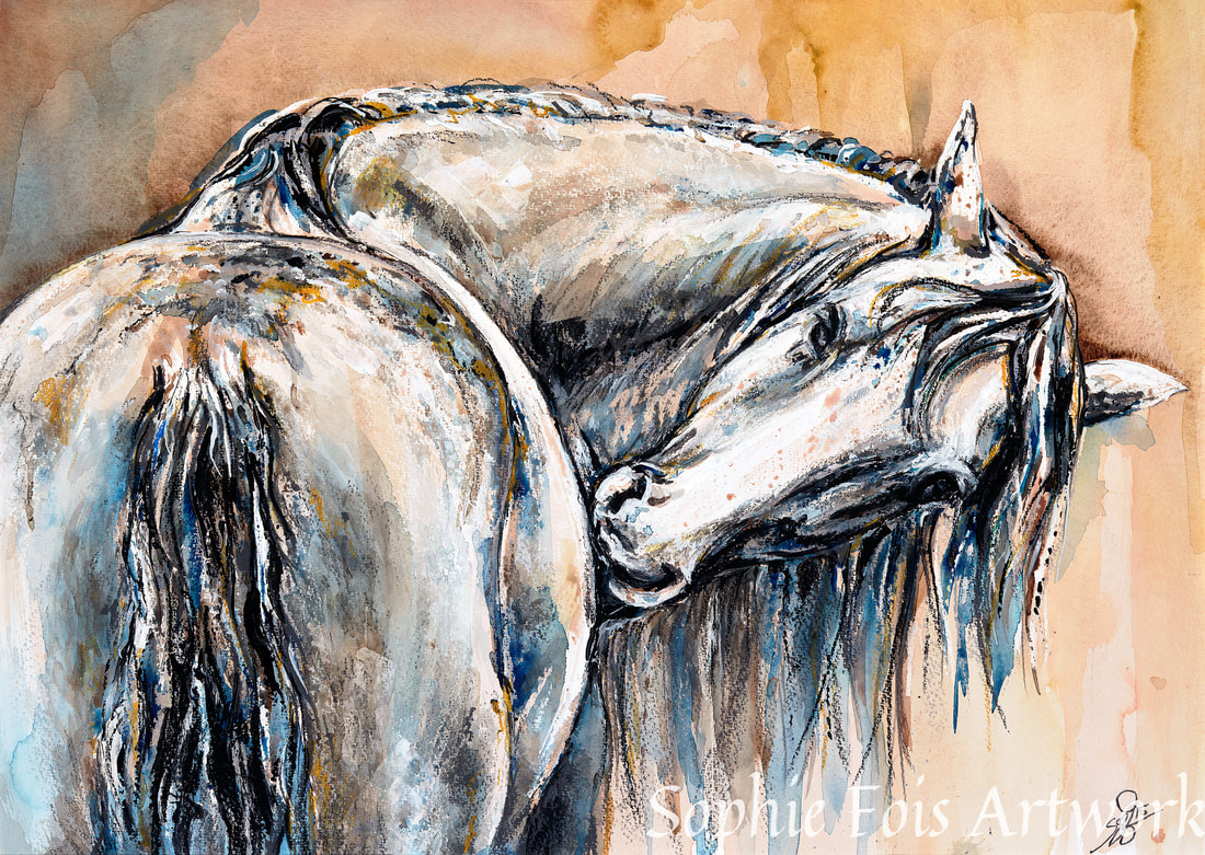 Mixed media watercolour original drawing of a grey horse